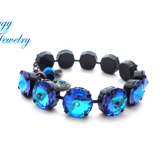 Royal Blue Delite Rivoli Crystal Bracelet, Large 12mm Rivoli, Noir black Finish - Picture 8 of 8